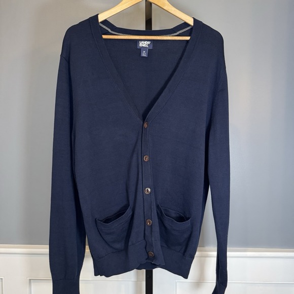 Lands End EUC Navy Blue Cardigan Grandpa Sweater sz Medium 38-40 100% Cotton - Picture 1 of 8